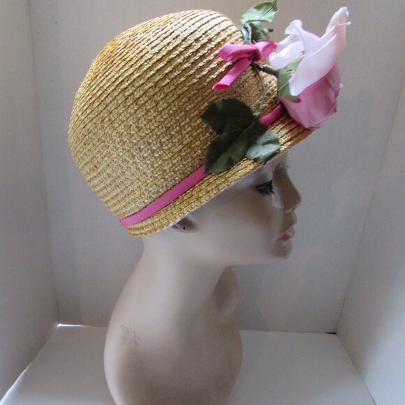 SALE Sweet Mid Century Cloche Style Straw Hat with Pink Rose main image 11